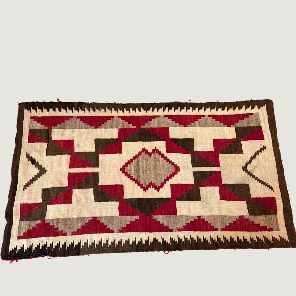 Vintage Navajo Handwoven Wool Rug 65x37 Geometric Red Brown Native American